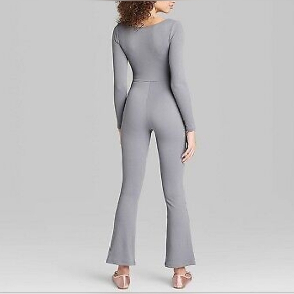 Wild Fable Womens Long Sleeve GRAY Ribbed Jumpsuit Flared Leg - Picture 9 of 10